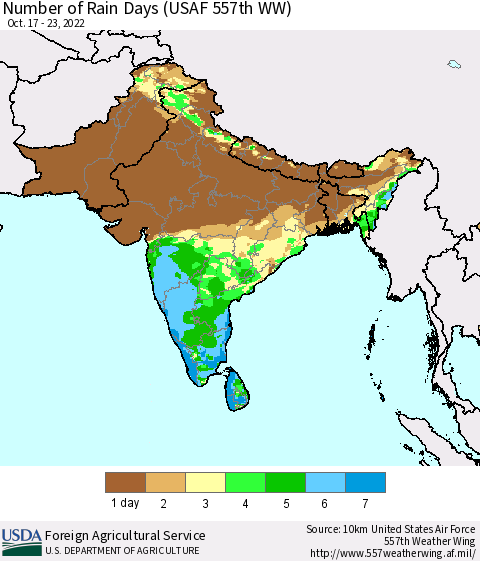 Southern Asia Number of Rain Days (USAF 557th WW) Thematic Map For 10/17/2022 - 10/23/2022