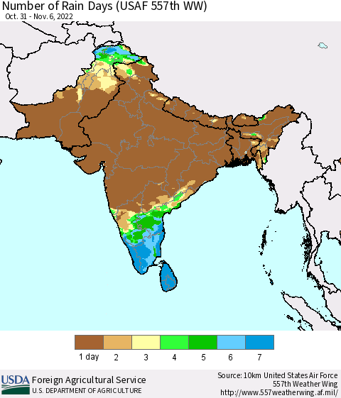 Southern Asia Number of Rain Days (USAF 557th WW) Thematic Map For 10/31/2022 - 11/6/2022