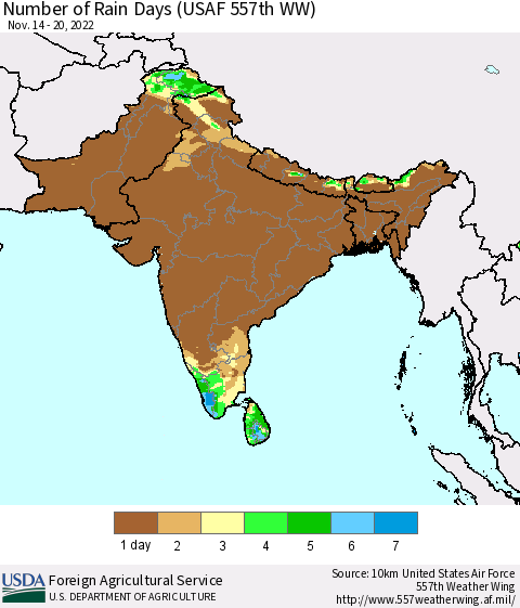 Southern Asia Number of Rain Days (USAF 557th WW) Thematic Map For 11/14/2022 - 11/20/2022
