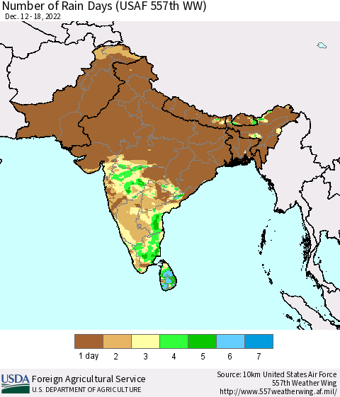 Southern Asia Number of Rain Days (USAF 557th WW) Thematic Map For 12/12/2022 - 12/18/2022