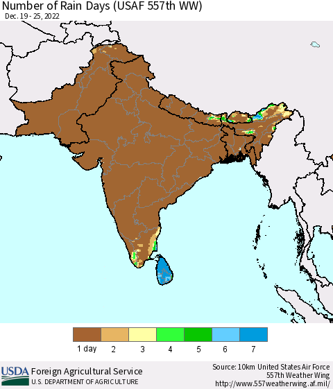 Southern Asia Number of Rain Days (USAF 557th WW) Thematic Map For 12/19/2022 - 12/25/2022