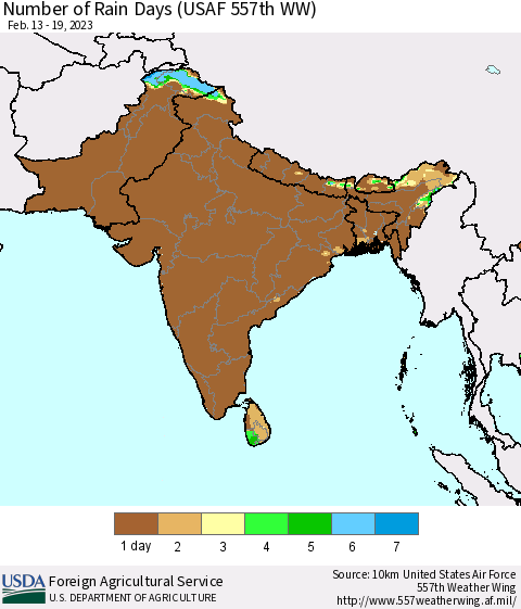 Southern Asia Number of Rain Days (USAF 557th WW) Thematic Map For 2/13/2023 - 2/19/2023