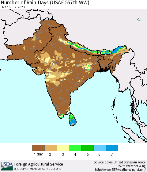 Southern Asia Number of Rain Days (USAF 557th WW) Thematic Map For 3/6/2023 - 3/12/2023