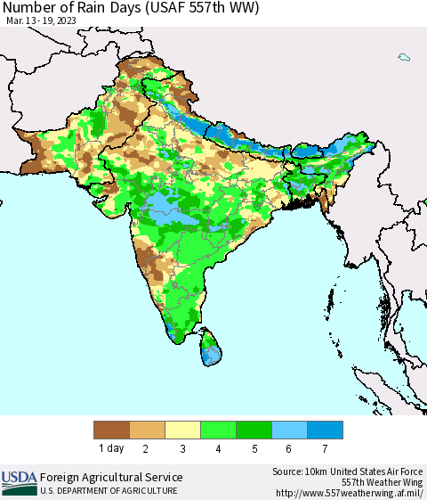 Southern Asia Number of Rain Days (USAF 557th WW) Thematic Map For 3/13/2023 - 3/19/2023