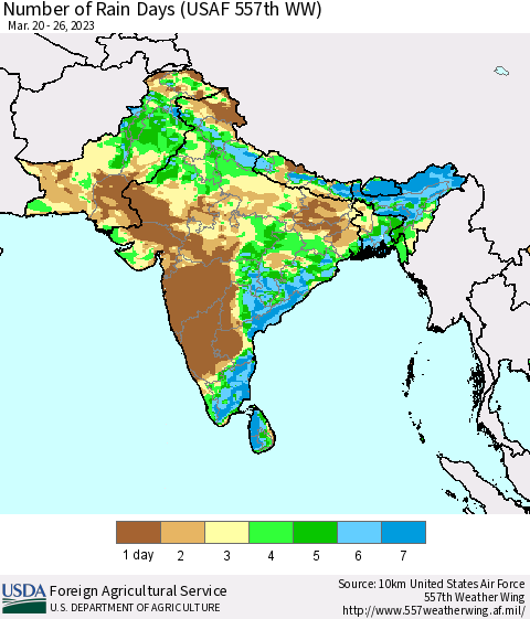 Southern Asia Number of Rain Days (USAF 557th WW) Thematic Map For 3/20/2023 - 3/26/2023