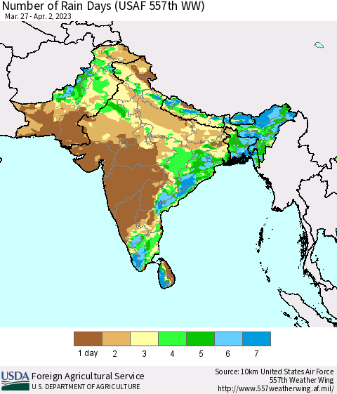 Southern Asia Number of Rain Days (USAF 557th WW) Thematic Map For 3/27/2023 - 4/2/2023