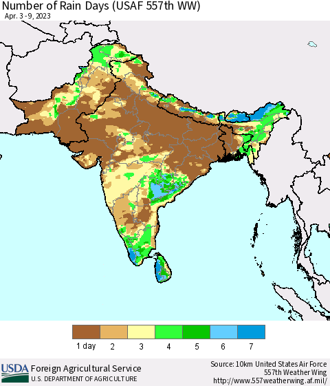 Southern Asia Number of Rain Days (USAF 557th WW) Thematic Map For 4/3/2023 - 4/9/2023