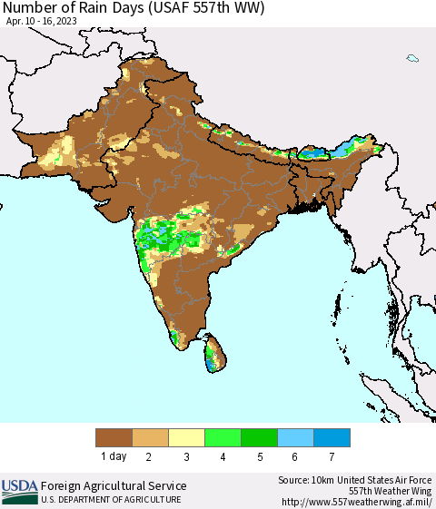 Southern Asia Number of Rain Days (USAF 557th WW) Thematic Map For 4/10/2023 - 4/16/2023