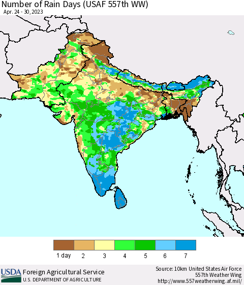 Southern Asia Number of Rain Days (USAF 557th WW) Thematic Map For 4/24/2023 - 4/30/2023