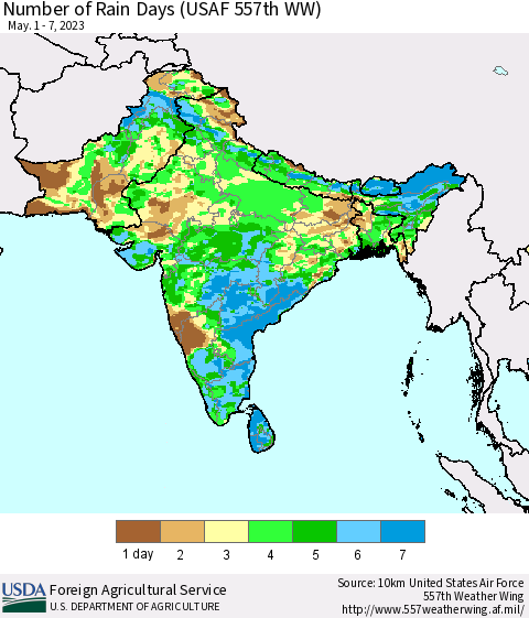 Southern Asia Number of Rain Days (USAF 557th WW) Thematic Map For 5/1/2023 - 5/7/2023