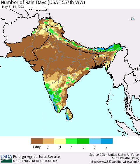 Southern Asia Number of Rain Days (USAF 557th WW) Thematic Map For 5/8/2023 - 5/14/2023