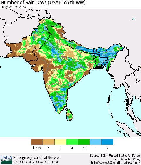 Southern Asia Number of Rain Days (USAF 557th WW) Thematic Map For 5/22/2023 - 5/28/2023