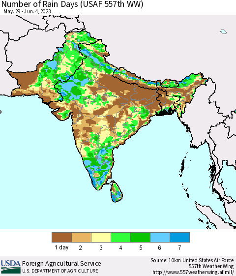 Southern Asia Number of Rain Days (USAF 557th WW) Thematic Map For 5/29/2023 - 6/4/2023