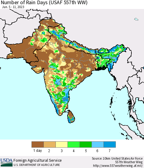 Southern Asia Number of Rain Days (USAF 557th WW) Thematic Map For 6/5/2023 - 6/11/2023