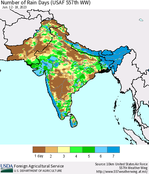 Southern Asia Number of Rain Days (USAF 557th WW) Thematic Map For 6/12/2023 - 6/18/2023
