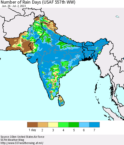 Southern Asia Number of Rain Days (USAF 557th WW) Thematic Map For 6/26/2023 - 7/2/2023