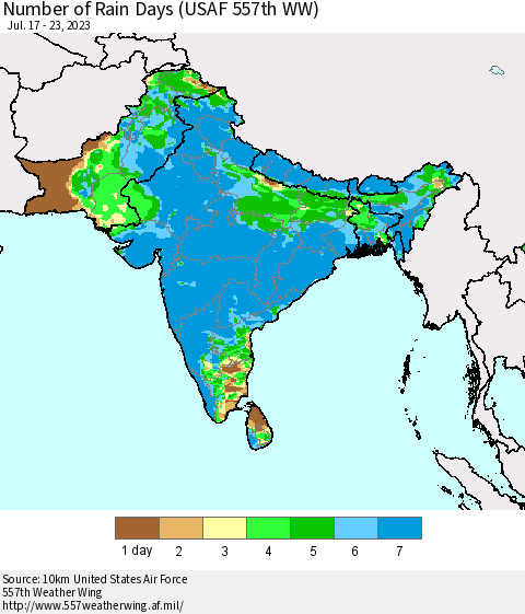 Southern Asia Number of Rain Days (USAF 557th WW) Thematic Map For 7/17/2023 - 7/23/2023