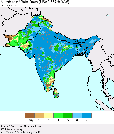 Southern Asia Number of Rain Days (USAF 557th WW) Thematic Map For 7/24/2023 - 7/30/2023