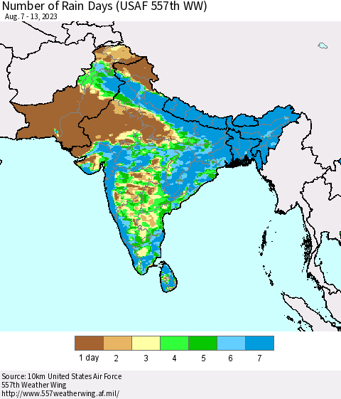 Southern Asia Number of Rain Days (USAF 557th WW) Thematic Map For 8/7/2023 - 8/13/2023