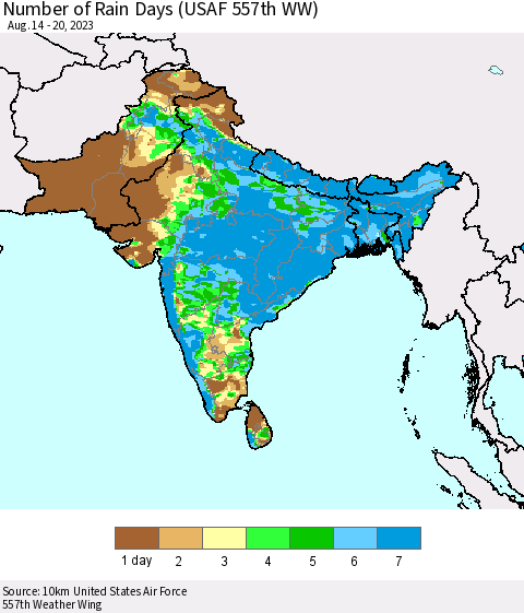 Southern Asia Number of Rain Days (USAF 557th WW) Thematic Map For 8/14/2023 - 8/20/2023