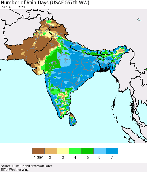 Southern Asia Number of Rain Days (USAF 557th WW) Thematic Map For 9/4/2023 - 9/10/2023