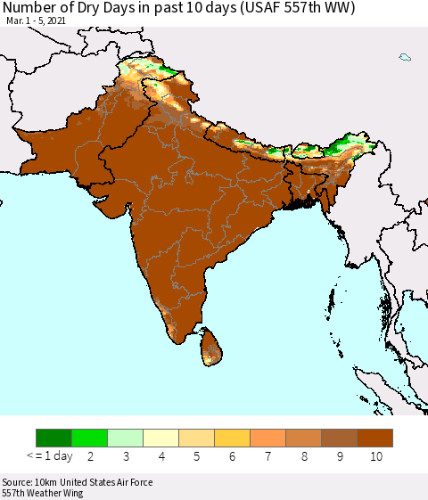 Southern Asia Number of Dry Days in past 10 days (USAF 557th WW) Thematic Map For 3/1/2021 - 3/5/2021