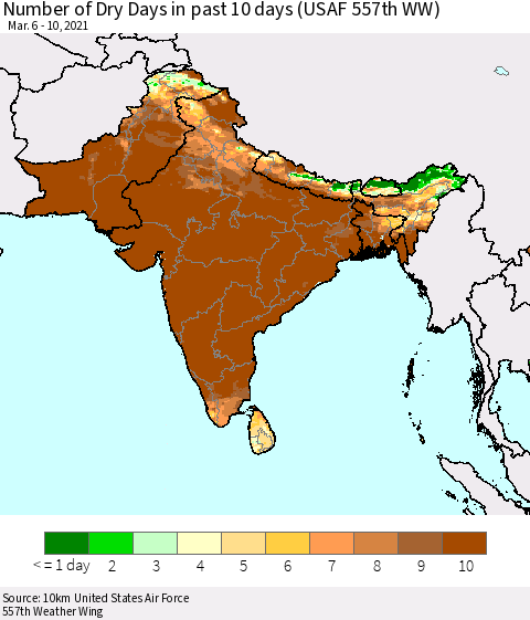 Southern Asia Number of Dry Days in past 10 days (USAF 557th WW) Thematic Map For 3/6/2021 - 3/10/2021
