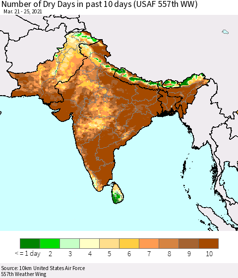 Southern Asia Number of Dry Days in past 10 days (USAF 557th WW) Thematic Map For 3/21/2021 - 3/25/2021
