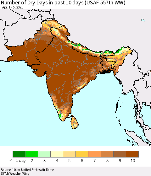 Southern Asia Number of Dry Days in past 10 days (USAF 557th WW) Thematic Map For 4/1/2021 - 4/5/2021