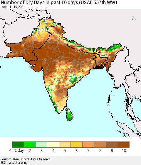 Southern Asia Number of Dry Days in past 10 days (USAF 557th WW) Thematic Map For 4/11/2021 - 4/15/2021