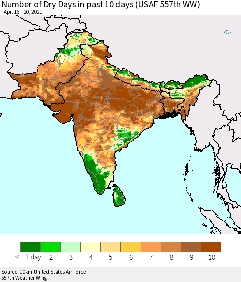 Southern Asia Number of Dry Days in past 10 days (USAF 557th WW) Thematic Map For 4/16/2021 - 4/20/2021