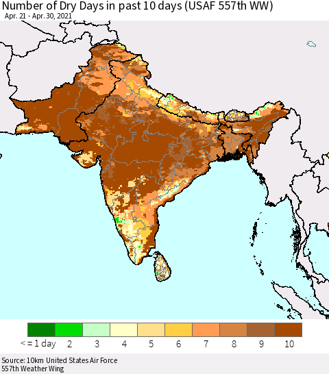 Southern Asia Number of Dry Days in past 10 days (USAF 557th WW) Thematic Map For 4/26/2021 - 4/30/2021