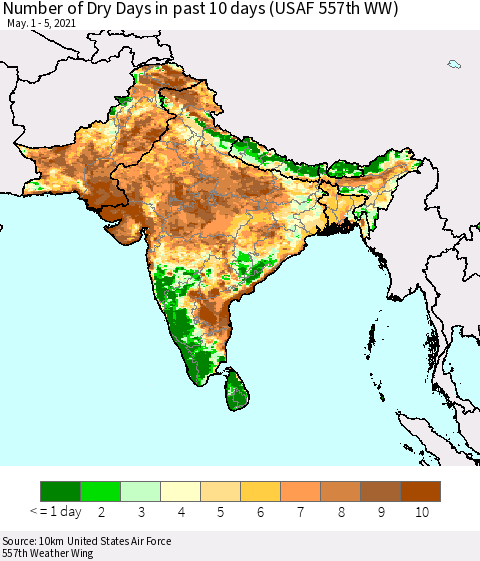 Southern Asia Number of Dry Days in past 10 days (USAF 557th WW) Thematic Map For 5/1/2021 - 5/5/2021