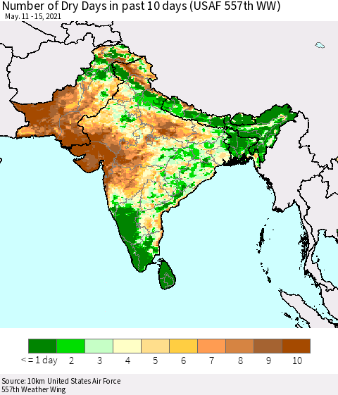 Southern Asia Number of Dry Days in past 10 days (USAF 557th WW) Thematic Map For 5/11/2021 - 5/15/2021