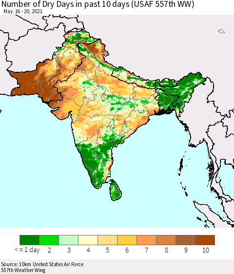 Southern Asia Number of Dry Days in past 10 days (USAF 557th WW) Thematic Map For 5/16/2021 - 5/20/2021