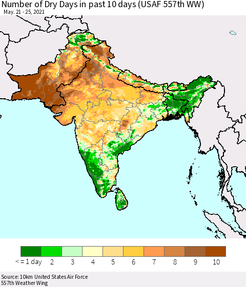 Southern Asia Number of Dry Days in past 10 days (USAF 557th WW) Thematic Map For 5/21/2021 - 5/25/2021