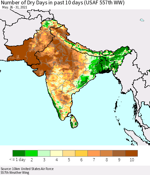 Southern Asia Number of Dry Days in past 10 days (USAF 557th WW) Thematic Map For 5/26/2021 - 5/31/2021