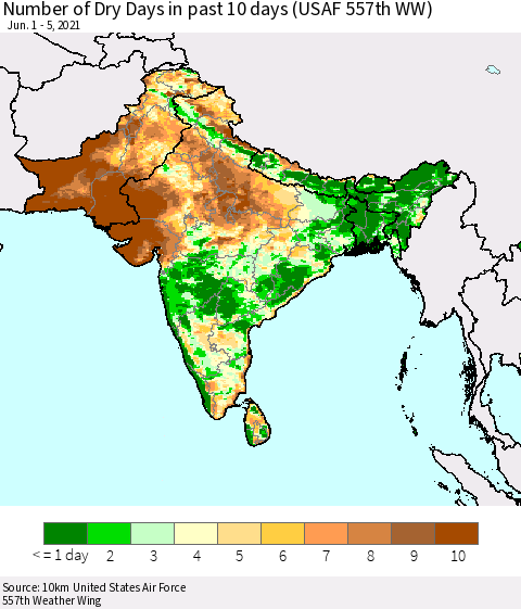 Southern Asia Number of Dry Days in past 10 days (USAF 557th WW) Thematic Map For 6/1/2021 - 6/5/2021
