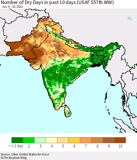 Southern Asia Number of Dry Days in past 10 days (USAF 557th WW) Thematic Map For 6/6/2021 - 6/10/2021
