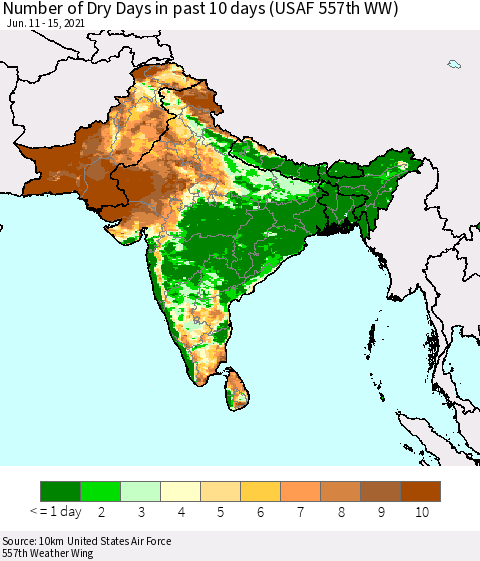 Southern Asia Number of Dry Days in past 10 days (USAF 557th WW) Thematic Map For 6/11/2021 - 6/15/2021