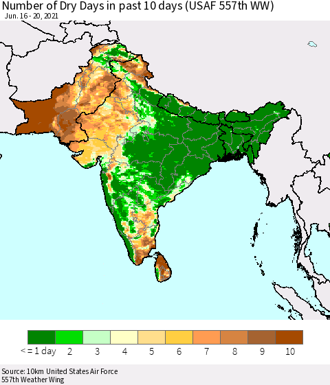 Southern Asia Number of Dry Days in past 10 days (USAF 557th WW) Thematic Map For 6/16/2021 - 6/20/2021
