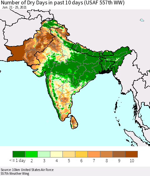 Southern Asia Number of Dry Days in past 10 days (USAF 557th WW) Thematic Map For 6/21/2021 - 6/25/2021