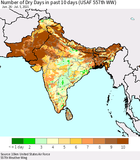 Southern Asia Number of Dry Days in past 10 days (USAF 557th WW) Thematic Map For 7/1/2021 - 7/5/2021