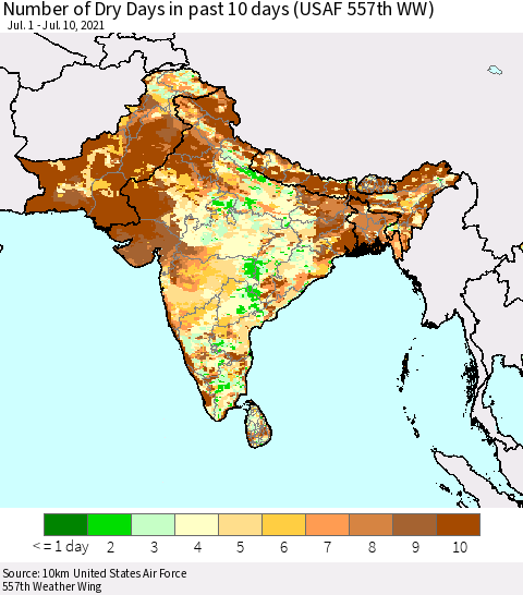 Southern Asia Number of Dry Days in past 10 days (USAF 557th WW) Thematic Map For 7/6/2021 - 7/10/2021