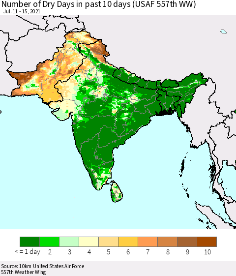 Southern Asia Number of Dry Days in past 10 days (USAF 557th WW) Thematic Map For 7/11/2021 - 7/15/2021