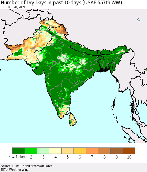 Southern Asia Number of Dry Days in past 10 days (USAF 557th WW) Thematic Map For 7/16/2021 - 7/20/2021