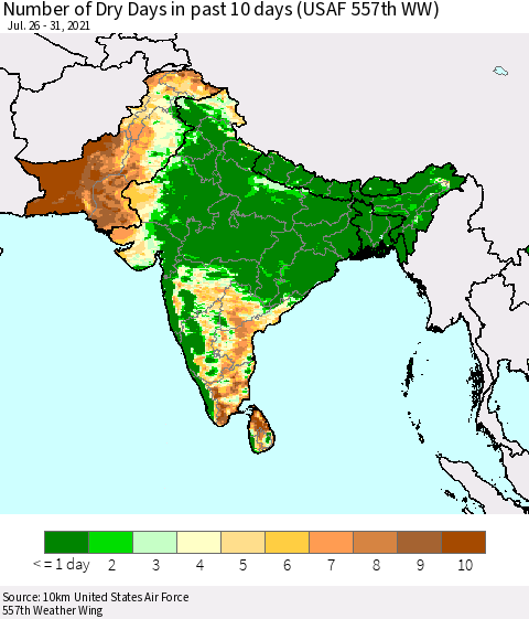Southern Asia Number of Dry Days in past 10 days (USAF 557th WW) Thematic Map For 7/26/2021 - 7/31/2021