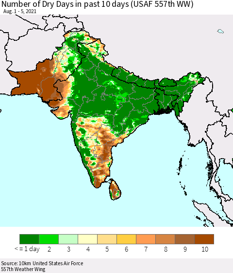 Southern Asia Number of Dry Days in past 10 days (USAF 557th WW) Thematic Map For 8/1/2021 - 8/5/2021