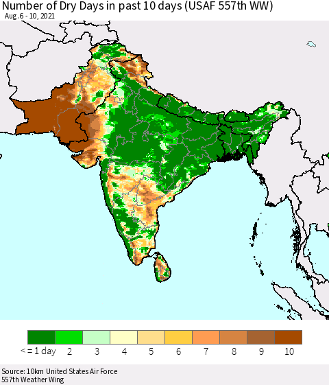 Southern Asia Number of Dry Days in past 10 days (USAF 557th WW) Thematic Map For 8/6/2021 - 8/10/2021