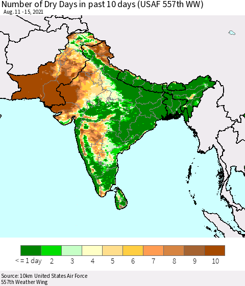 Southern Asia Number of Dry Days in past 10 days (USAF 557th WW) Thematic Map For 8/11/2021 - 8/15/2021